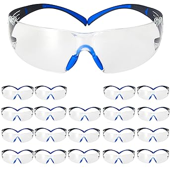 3M Safety Glasses, SecureFit, 20 Pack, ANSI Z87, Scotchgard Anti-Fog Anti-Scratch, Clear Lens, Blue/Grey Frame, Flexible Temples