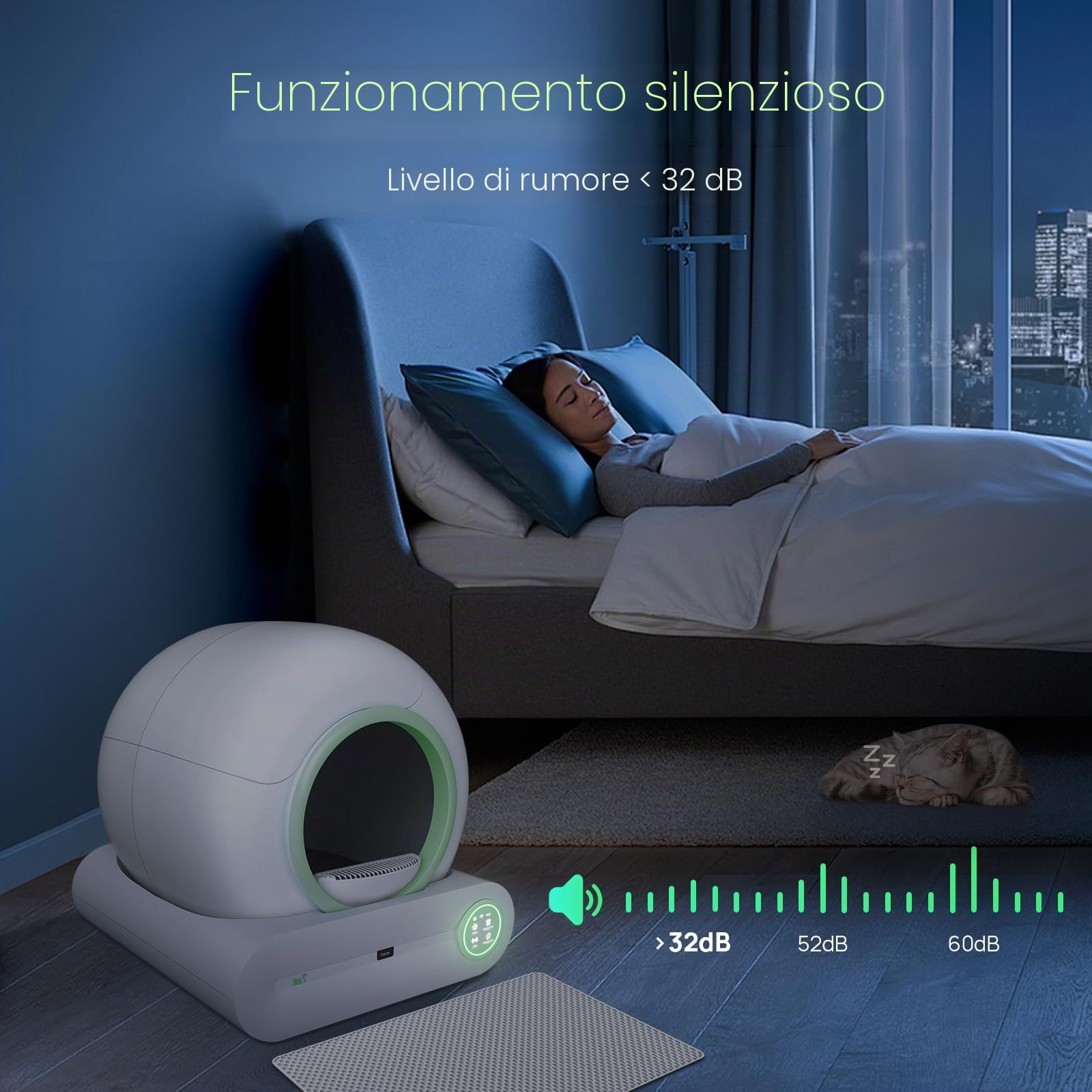 Lettiera elettrica autopulente per gatti, 65 L + 9 L, con ingresso basso, per più gatti, pulizia automatica con app, verde