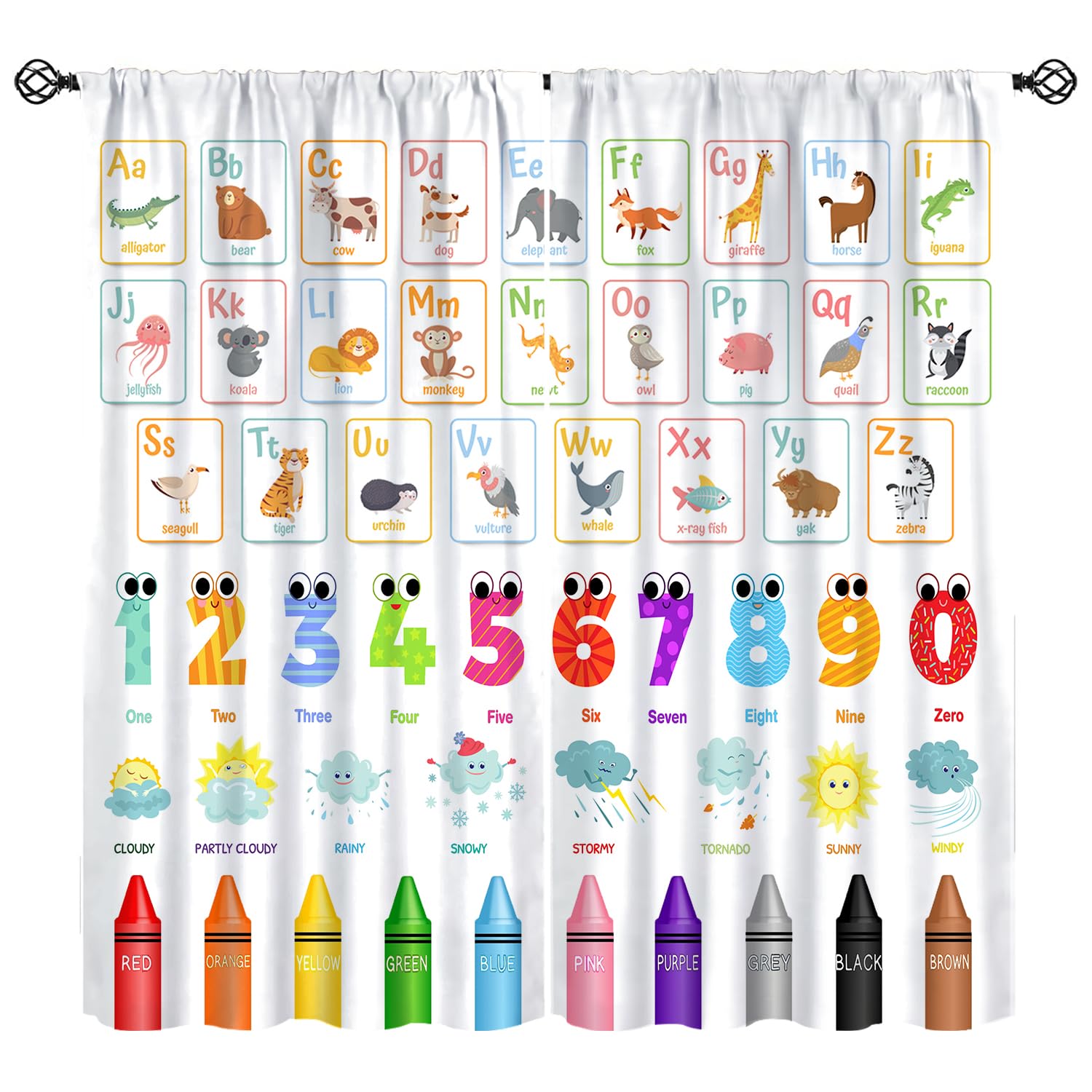 Djaby Alphabet ABC Kids Curtains, Colorful Cartoon Animal Learning Daycare Preschool Classroom Window Drapes for Educational Nursery Playroom Bedroom