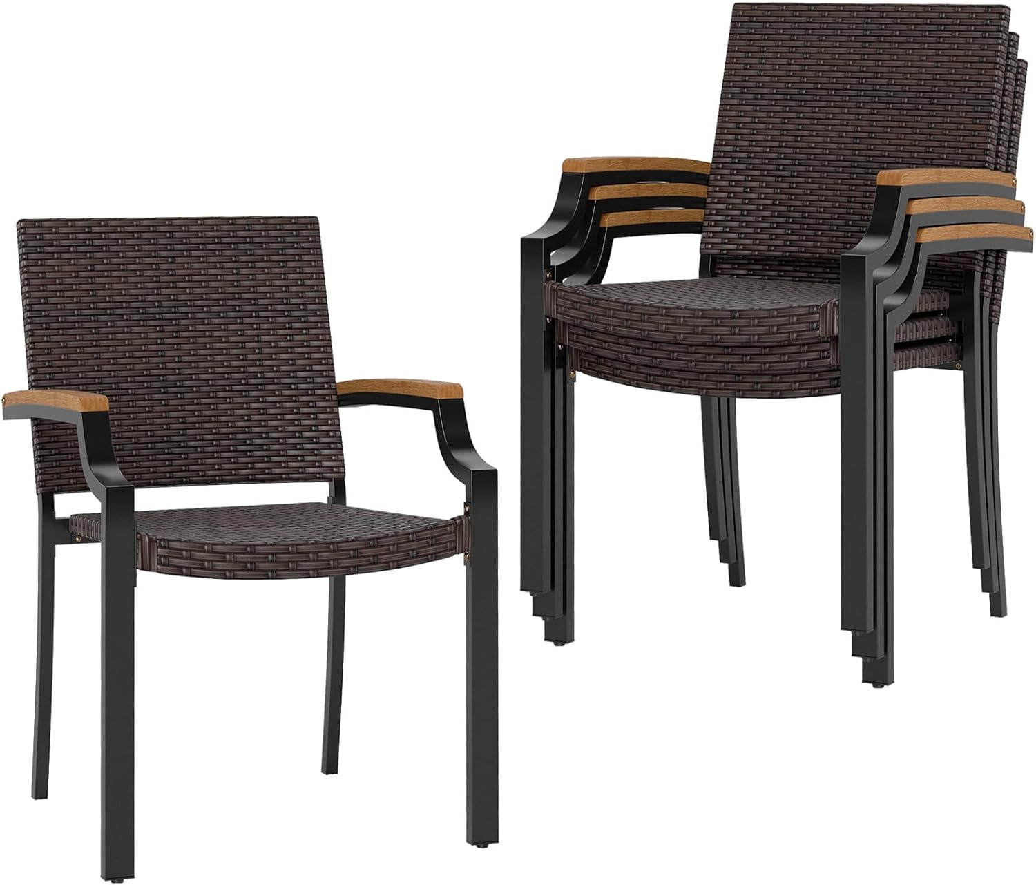 Tangkula Stackable Outdoor Wicker Dining Chairs Set of 4 - Rattan Cushioned with Acacia Wood Armrests, 400 lbs Capacity for Patio, Porch, Backyard