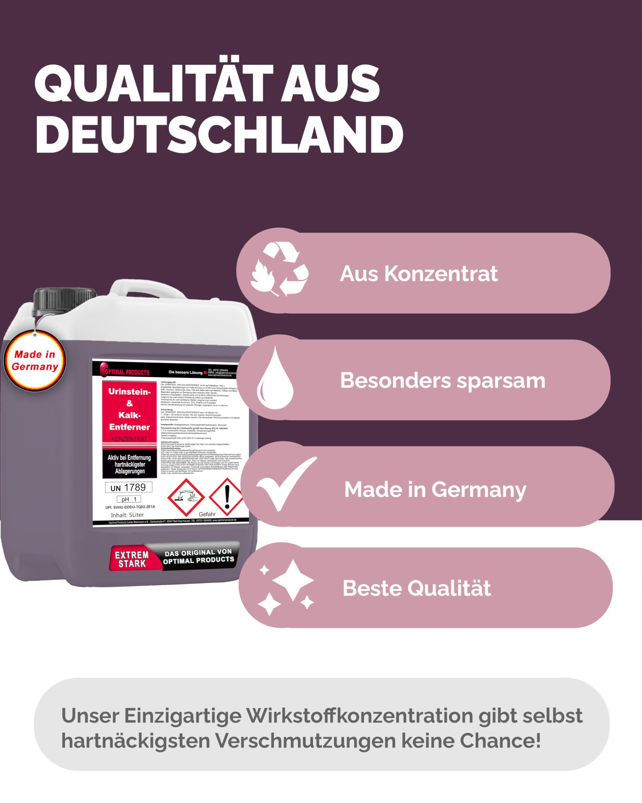 Optimal Products Urinsteinentferner extra stark 5L - Kraftvoller WC Reiniger, Entfernt hartnäckigste Ablagerungen im Sanitärbereich wie Urinstein & Kalkstein