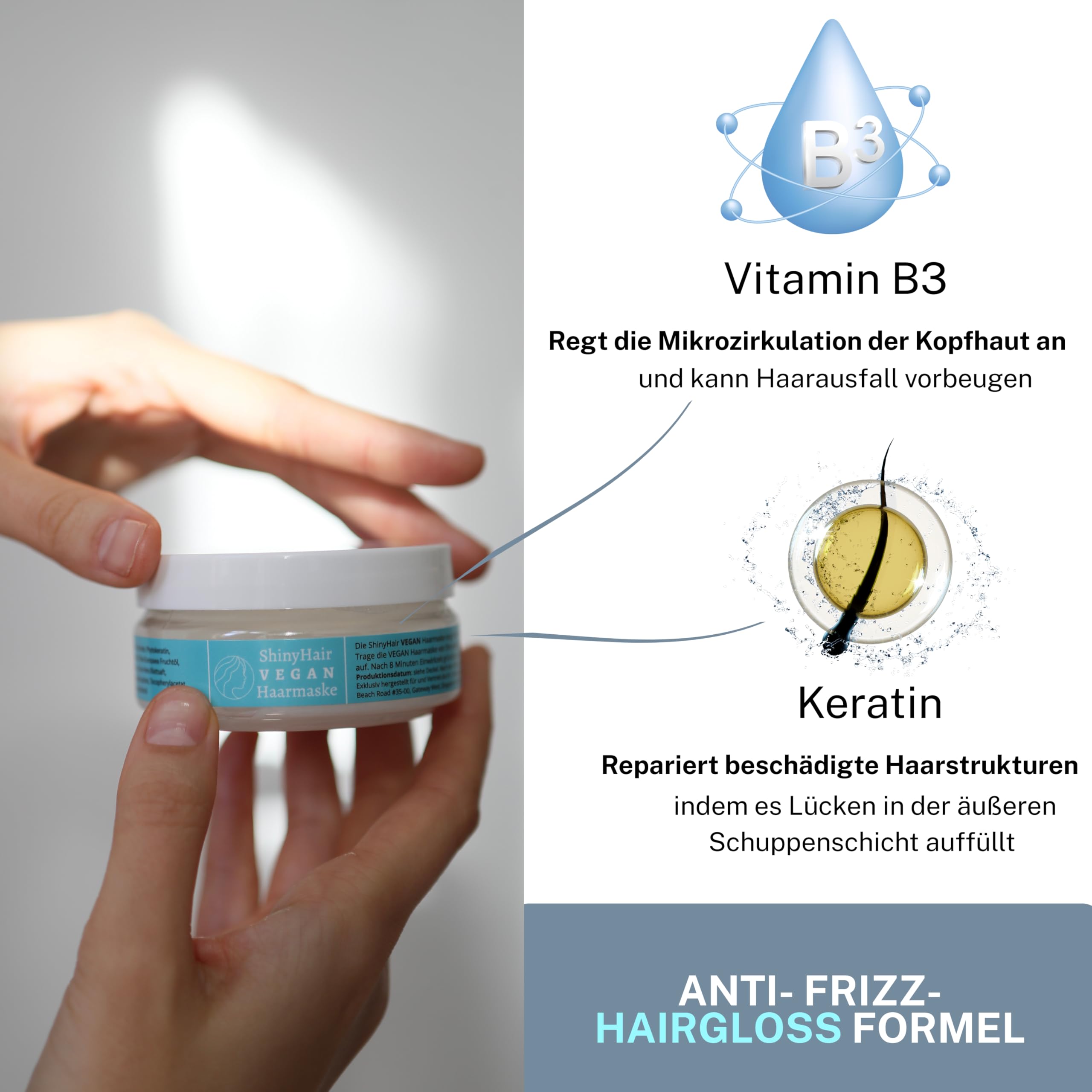Haarmaske mit Keratin, Rosmarinöl & Arganöl, vegan, 3er Pack | vegane Keratin-Haarkur, für trockenes & strapaziertes Haar, spendet Feuchtigkeit, für glänzendes Haar, 1-2x pro Woche