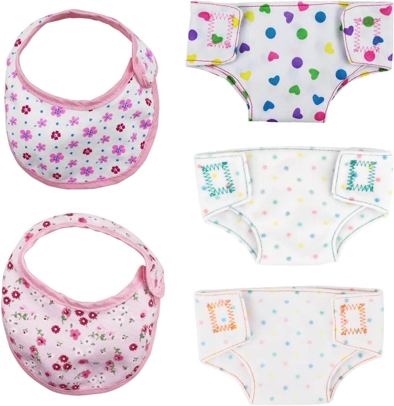NINVVS 5 Pack Doll Accessories Set Diaper Spotted Bibs Doll Baby Diapers Bib Feeding Reusable Dolls Fabric Nappies Fits 14-18" Doll Accessory Set