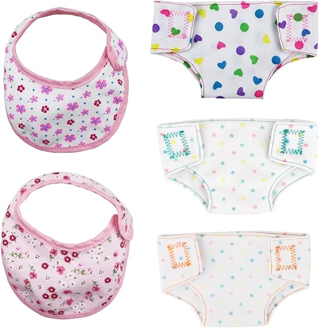 NINVVS 5 Pack Doll Accessories Set Diaper Spotted Bibs Doll Baby Diapers Bib Feeding Reusable Dolls Fabric Nappies Fits 14-18" Doll Accessory Set