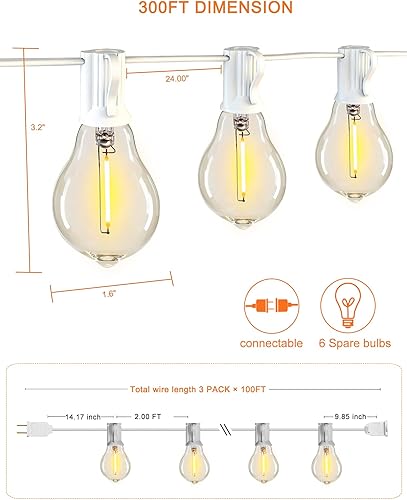 Miniatura 32 de DAMAING Tira de luces LED de 200 pies para exteriores con 100+5 bombillas LED Edison inastillables A39, resistente al agua, de grado comercial