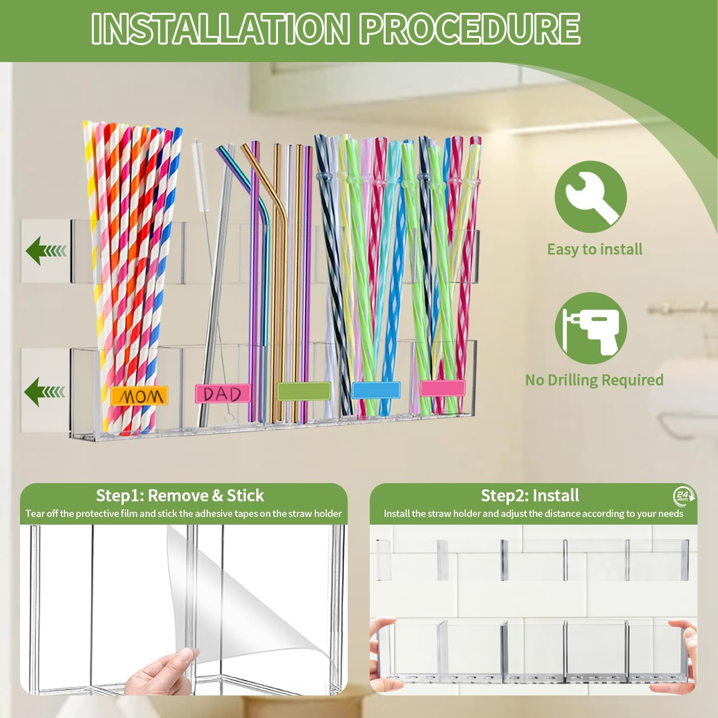Straw Holder for Cabinet Door - 9.5'' Acrylic Straw Organizer with Adhesive Tape & Stickers, Transparent Straws Storage Container for Cabinet, Straws Dispenser for Counter Cupboard Home Kitchen Cafe image 2