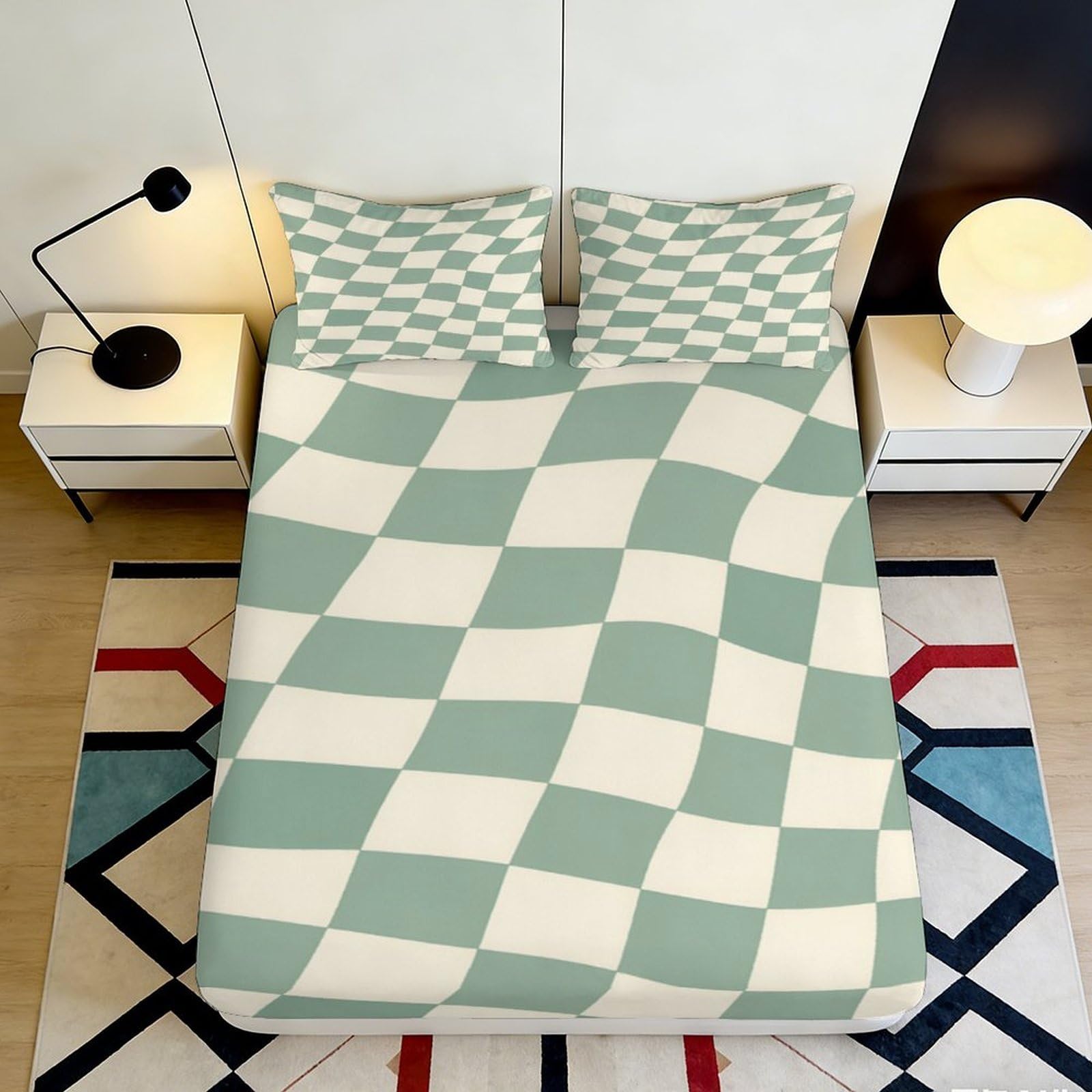 3D Printed Sage Green Checkered Fitted Sheet Microfiber Soft Non Slip Bed Cover for Bedroom Rental Dorm Decor 90x200x25cm