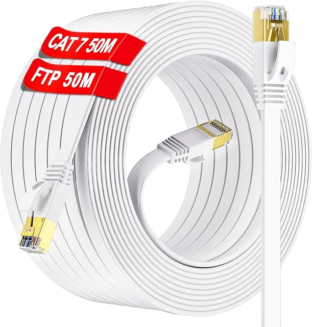 Ethernet Cable 50m Cat 7 Outdoor & Indoor, S/FTP Internet Cable 50m High Speed 10Gbps 600MHz -(50 Free Clips) Waterproof Anti-Interference Lan Cable Flat, Faster than Cat 6/Cat 5, For Router/Modem