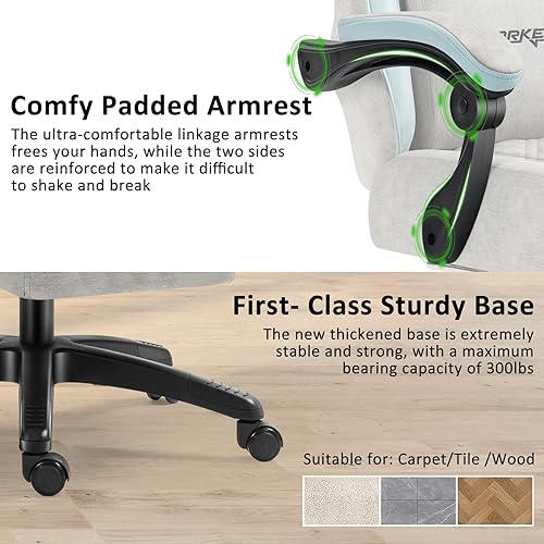 Miniatura 5 de Darkecho Silla de juegos de tela con cojín de resorte de bolsillo, silla de oficina de masaje con reposapiés y reposabrazos de acoplamiento, silla