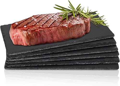 Paquete de 6 tablas de queso de pizarra grande de 12 x 6 pulgadas, platos de piedra natural, tabla de cortar de charcutería negra, bandeja de servir