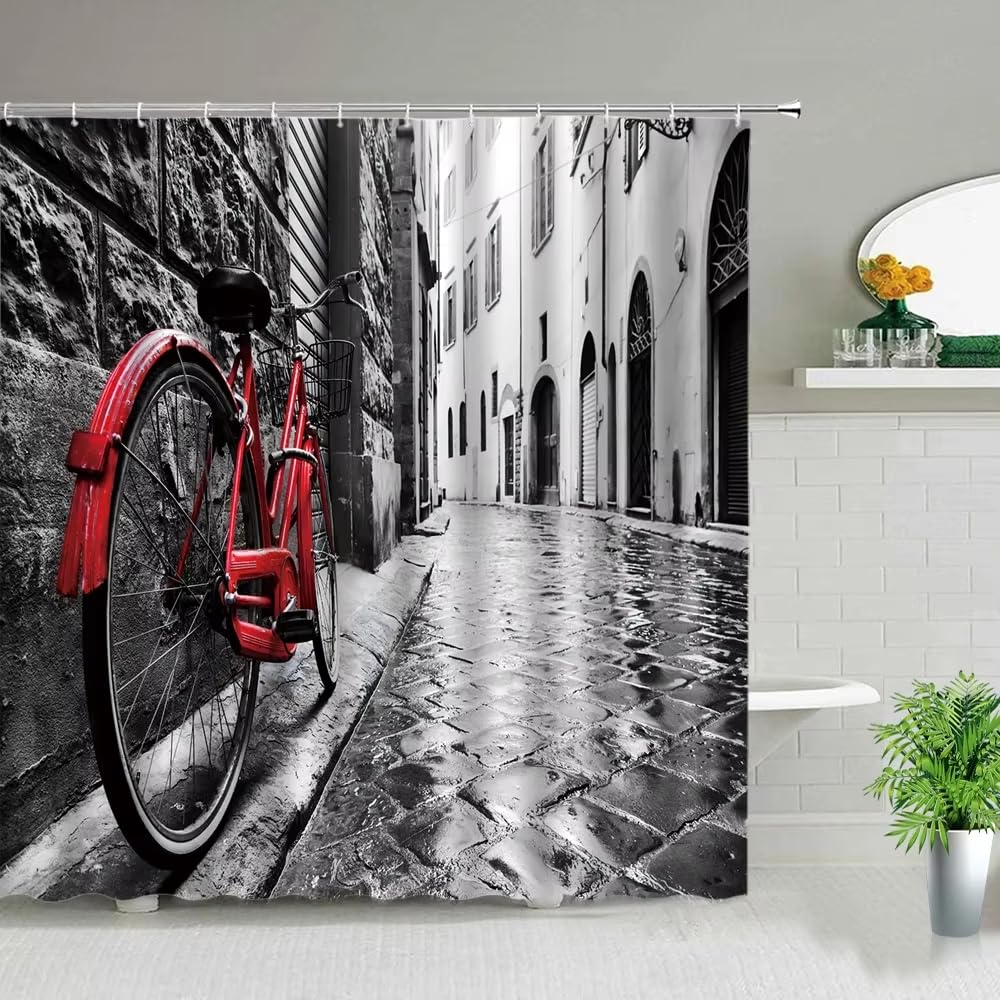 Rideau de douche vélo rétro pour une ambiance de voyage européen dans votre bain