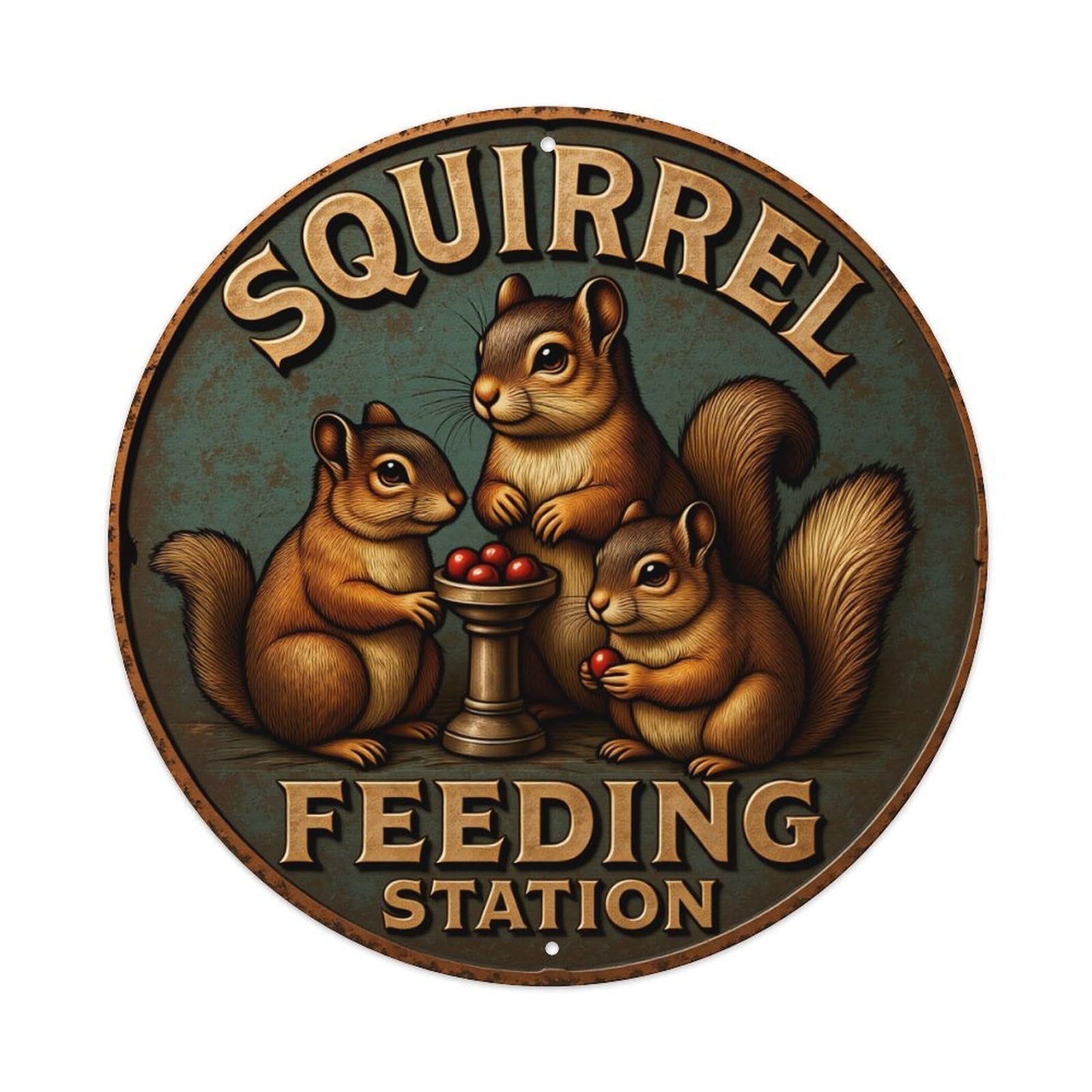 Squirrel Feeding Station Sign Round Tin Sign Retro Metal Sign for Cafe Bar Pub Home Game Room Gym Club Wall Decoration Vintage Metal Poster 8x8 Inch