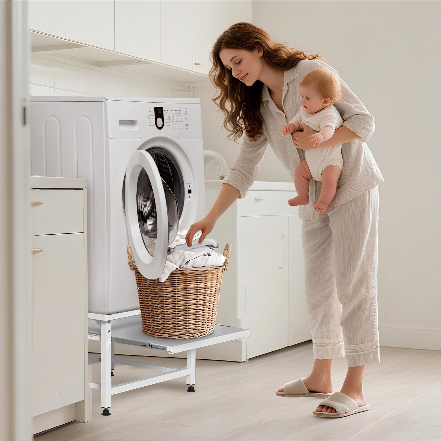 Herrselsam Base per lavatrice con ripiano estraibile, altezza 42 cm, piedini regolabili in altezza e assorbimento del rumore, base per lavatrice con cassetto estraibile a 3 livelli, portata 150 kg