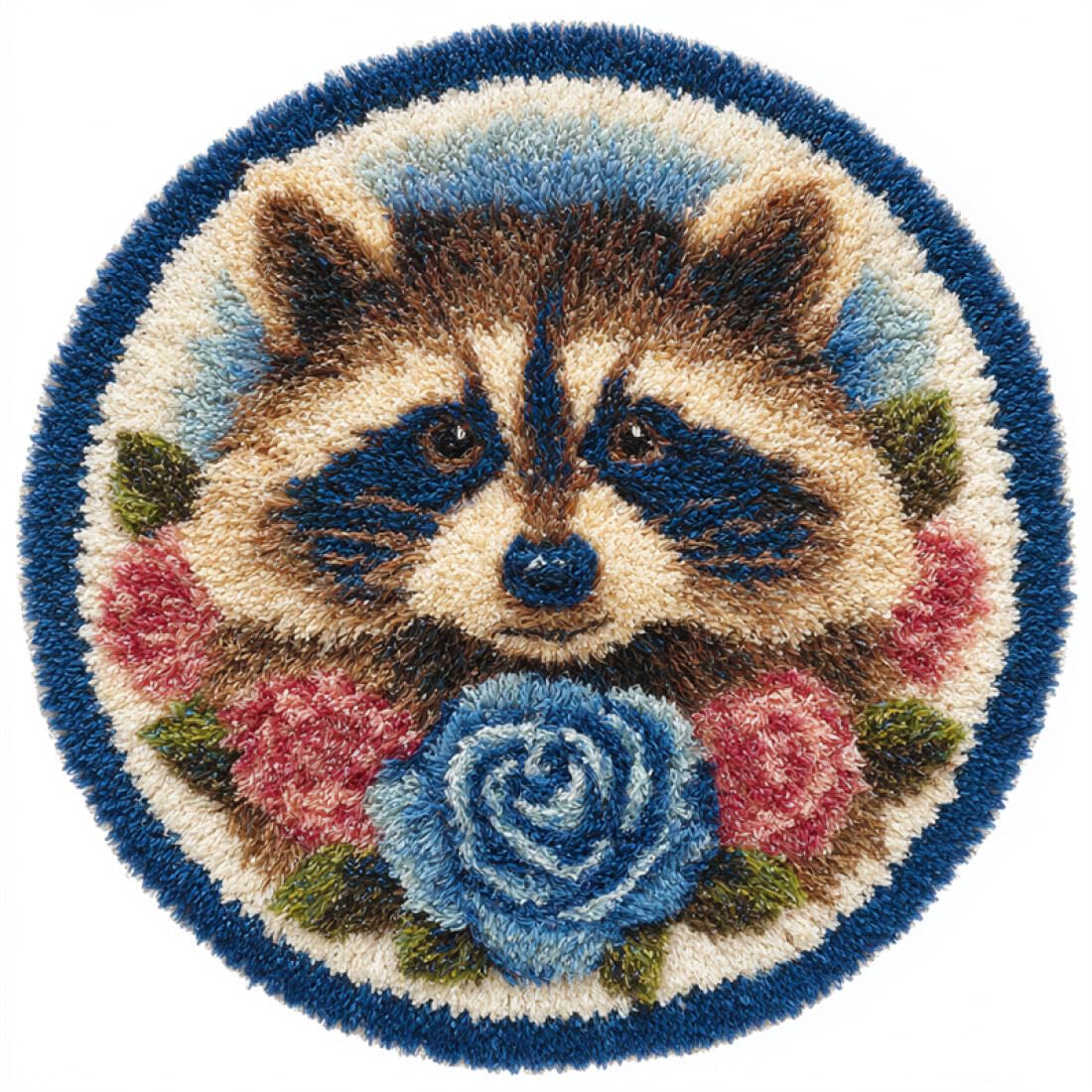 Rqwybcaxn S Diy Rug Latch Hook Kit For Beginner Animal Cros Stitch Kit Raccoon And Rose 60X60cm Round Tapestry With Crochet Hook Bedroom Craft Gift
