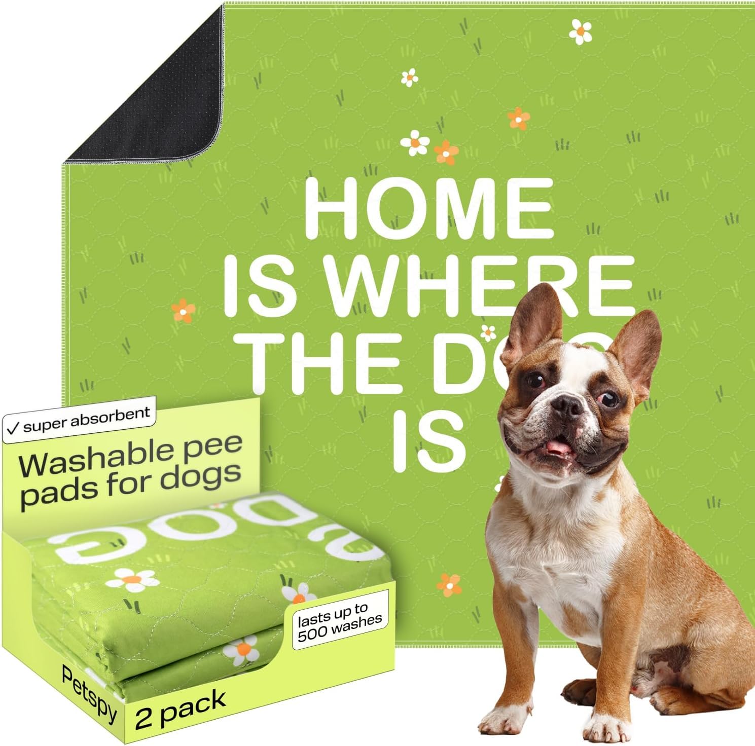 PetSpy Washable Pee Pads for Dogs - Waterproof Reusable Puppy Pads No-Slip Surface - Stylish Dog Potty Training Pads Protect Against Leakage (Grass, 2 Pack - 18" x 24")