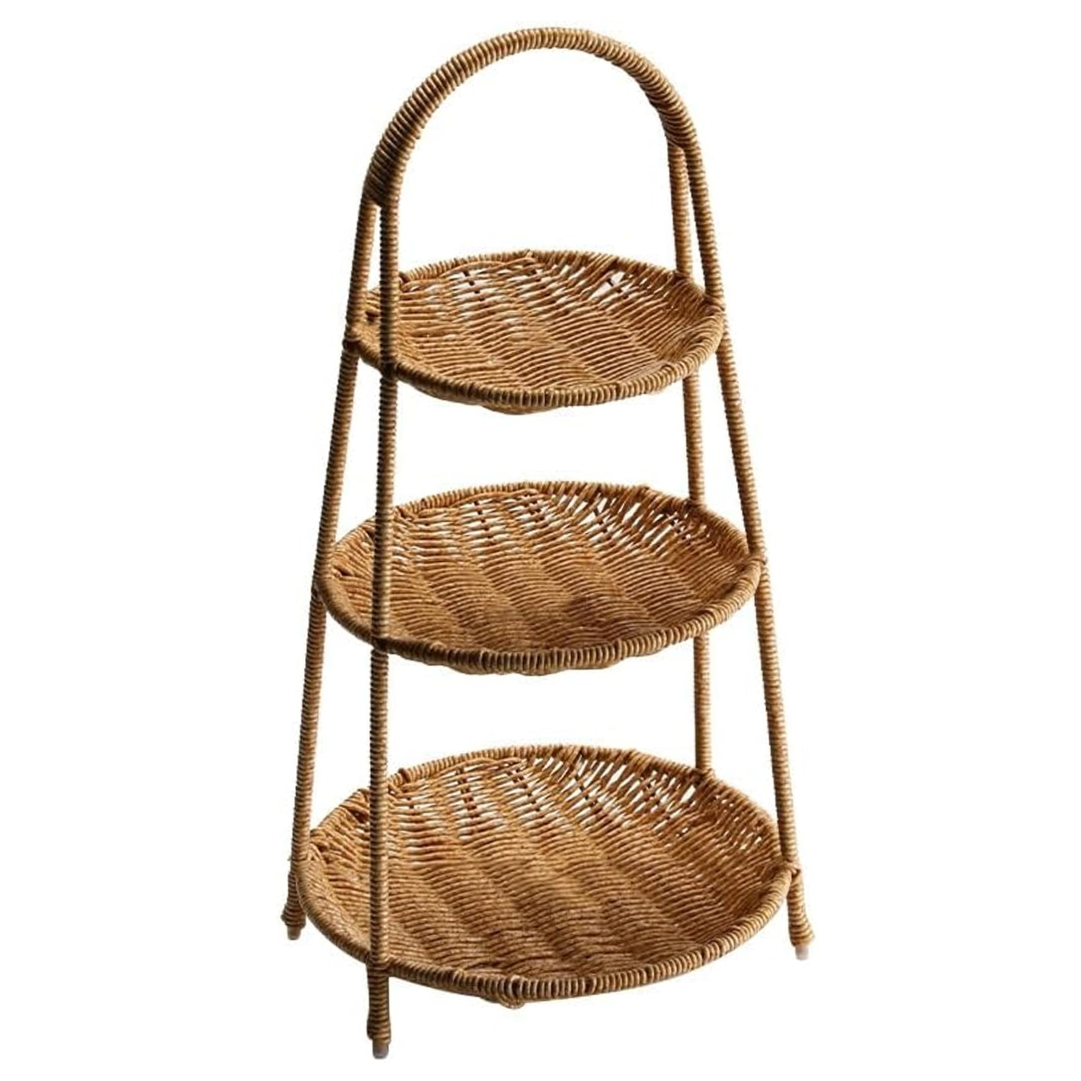 Tiered Tray, 3 Tier Serving Tray, Natural Rattan Tiered Dessert Stand For Fruits, Snacks & Tea, Round Portable Cupcake Tower Khaki, Serving