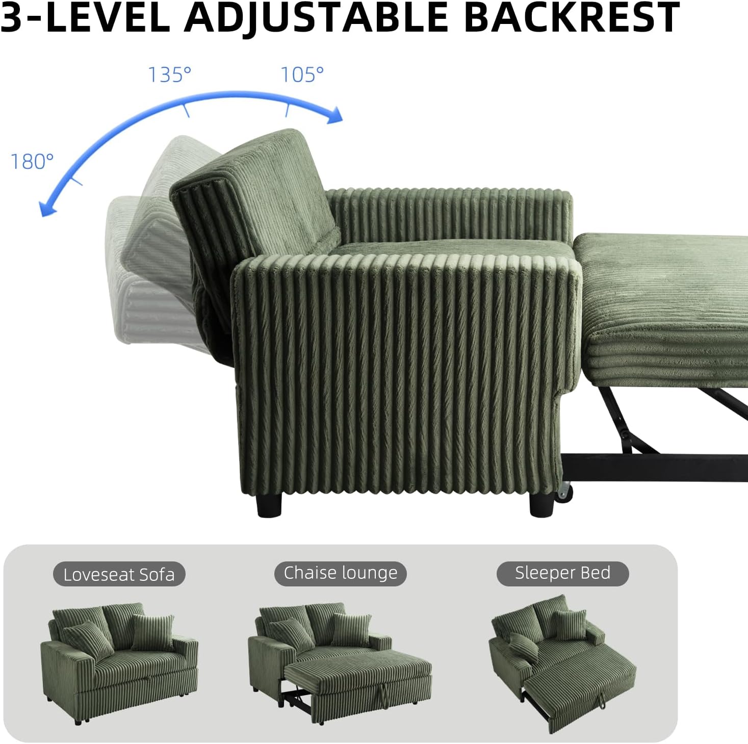3 in 1 Convertible Sofa Bed，52.8" Pull Out Couch with Side Pockets，Modern Corduroy Fabric Loveseat Sleeper Sofa with Adjustable Backrest for Living Room Bedroom Apartment (Green Corduroy) | Pull Out Couch, Side Pockets, Adjustable Backrest, Loveseat Sleeper