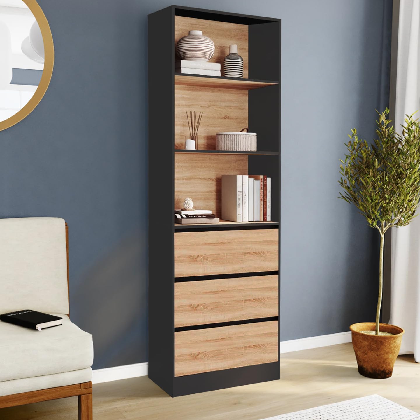IDMarket – Estantería CARLA, 3 niveles con 3 cajones negros y efecto madera, 190 cm de altura