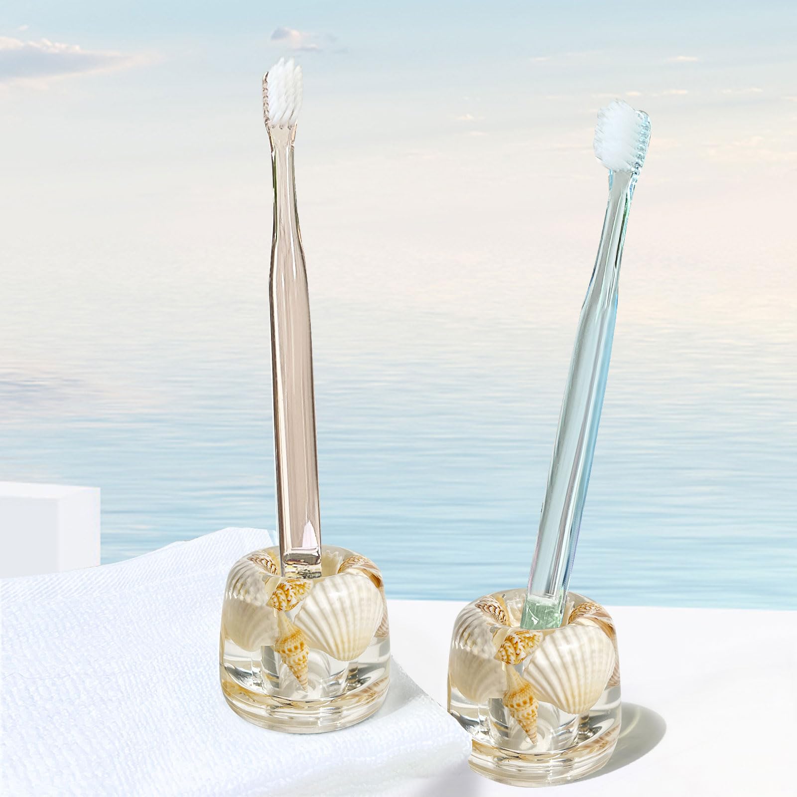 FONMY Mini Couple Toothbrush Holder Stand-Acrylic w/Nature Seashell Handmade Seascape Razor Holders Organizer for Bathroom Vanity Countertops Office Unique Gifts and Home Decoration,Sea-Sand,Pack of 2