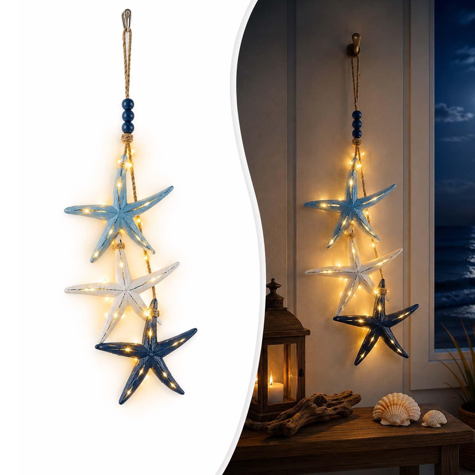 23.2 in × 6.7 in Lighted Coastal Wooden Starfish & Fish Hanging Decor, Mediterranean Nautical Wall Hanging Decor with Warm LED for Home,Porch, Cafe, Bathroom, Rustic Beach Theme Décor Starfish