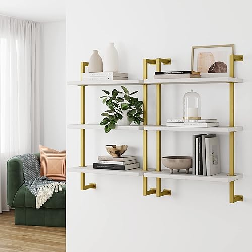 Vista 21 de Nathan James Theo 4-Shelf Bookcase, Floating Wall Mount Shelves with Natural Wood and Industrial Pipe Metal Frame, Nutmeg/Black