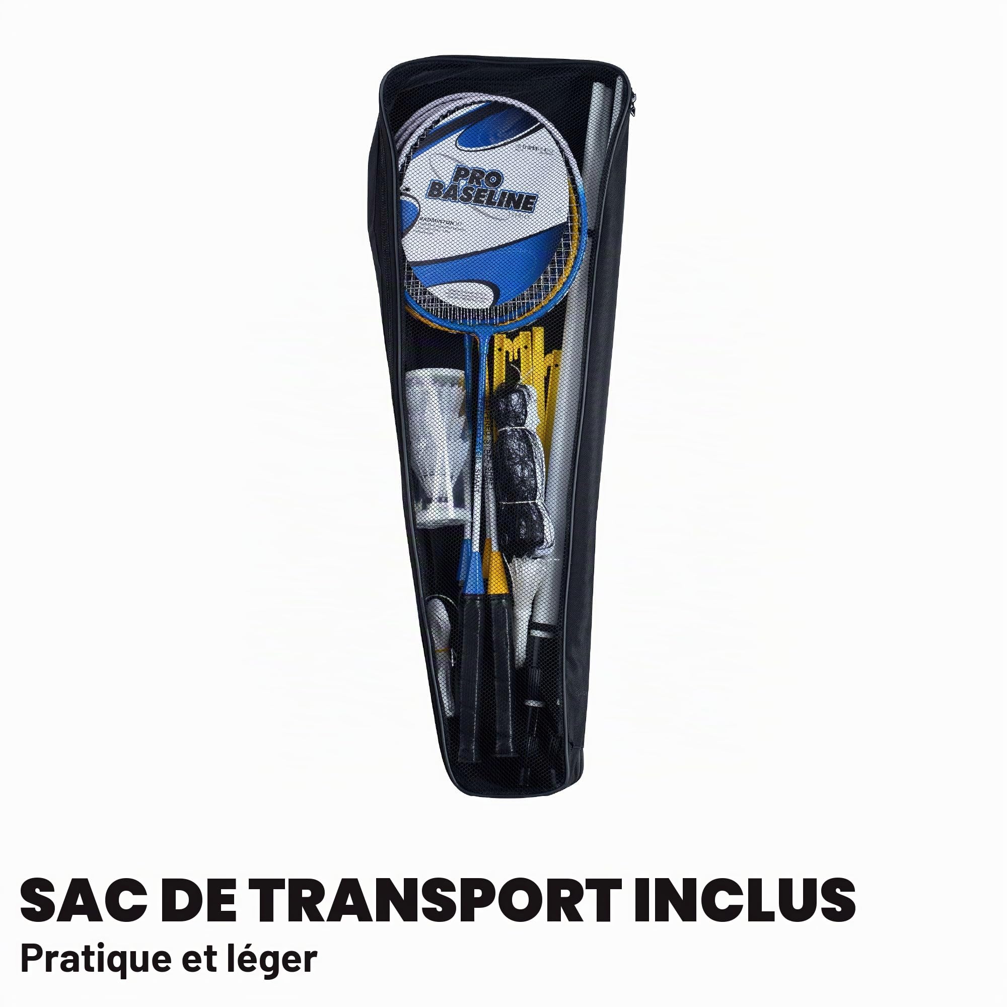Baseline Ensemble de Badminton pour 4 Joueurs, Comprend 4 Raquettes, 2 Volants, Filet et poteaux, Jeu de Jardin en Plein air pour Enfants et familles, Portable avec Sac de Transport