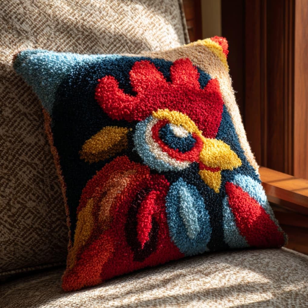 WallustrioaW DIY Latch Hook Pillow Kit,Rooster Pillowcase Kits Embroidery Kits 17X17 Inch DIY Needlework Pillow Cover Sofa Cushion Rug Making