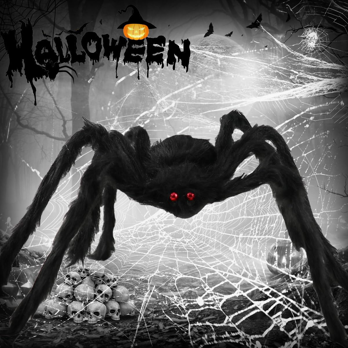 Araña De Halloween Gigante De 90 Cm – Peluche Negro Con Ojos Rojos, Patas Flexibles Para Decoración De Terror