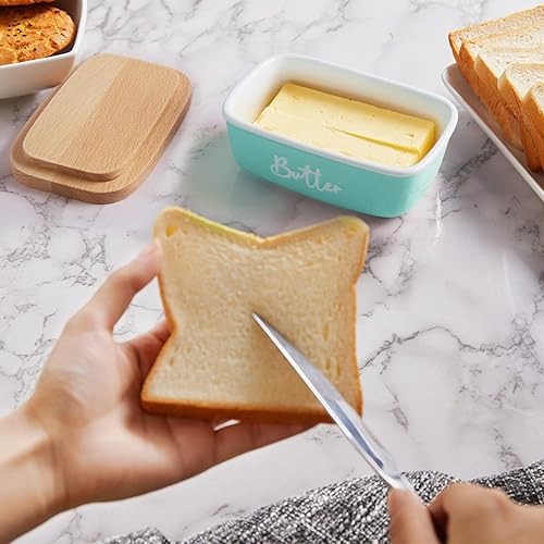 Miniatura 2 de ALELION Mantequera de cerámica turquesa con tapa, decoración de cocina turquesa y accesorios de cocina verde azulado para encimera, recipiente para
