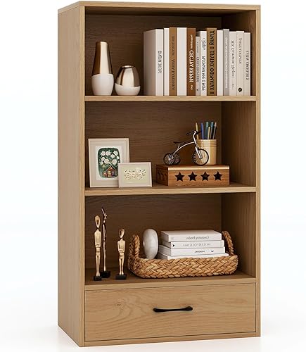 Estantería de 3 estantes con cajón, estantes de madera y estuches para libros, estante de almacenamiento en cubo, estantería pequeña para espacios