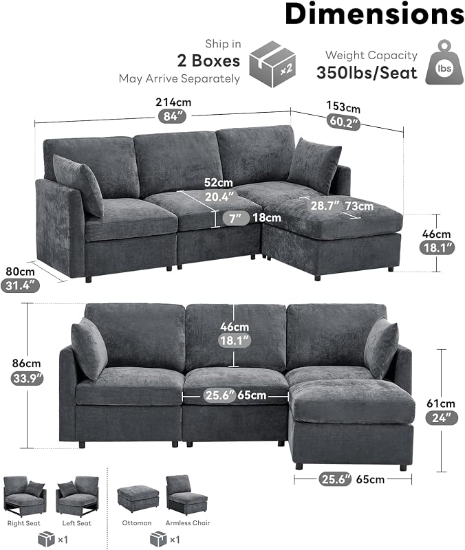 Iroomy Sectional Couch for Living Room, Comfy L Shaped Convertible Sofa, 4 Seater Modern Chenille Sofa with Ottoman, Grey image 2