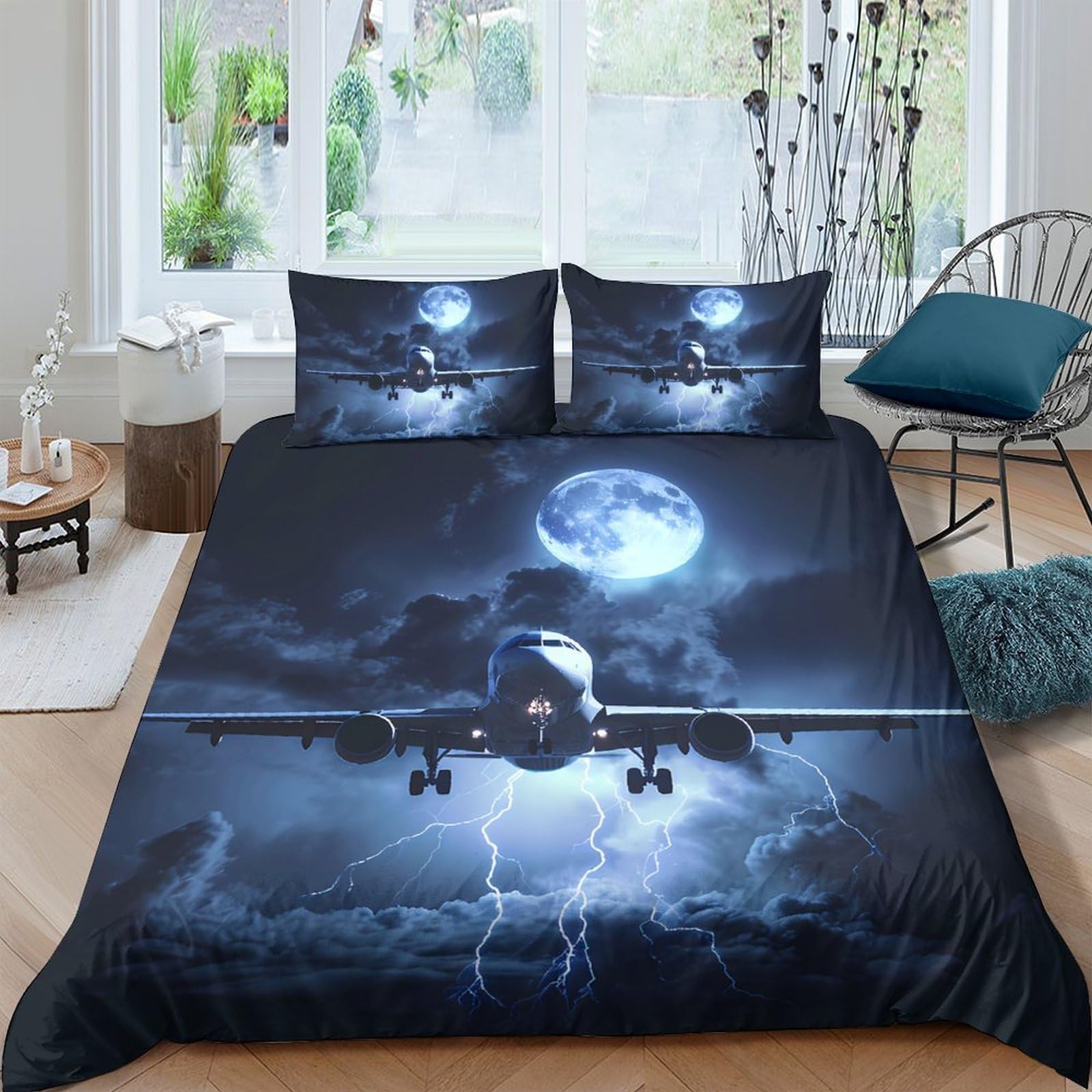 GPLZQXKJNH 3D Printed Night Sky Airplane Duvet Cover Microfiber Soft Thunder Moon Bedding Set with 2 Pillowcases for Bedroom Single（135x200cm）