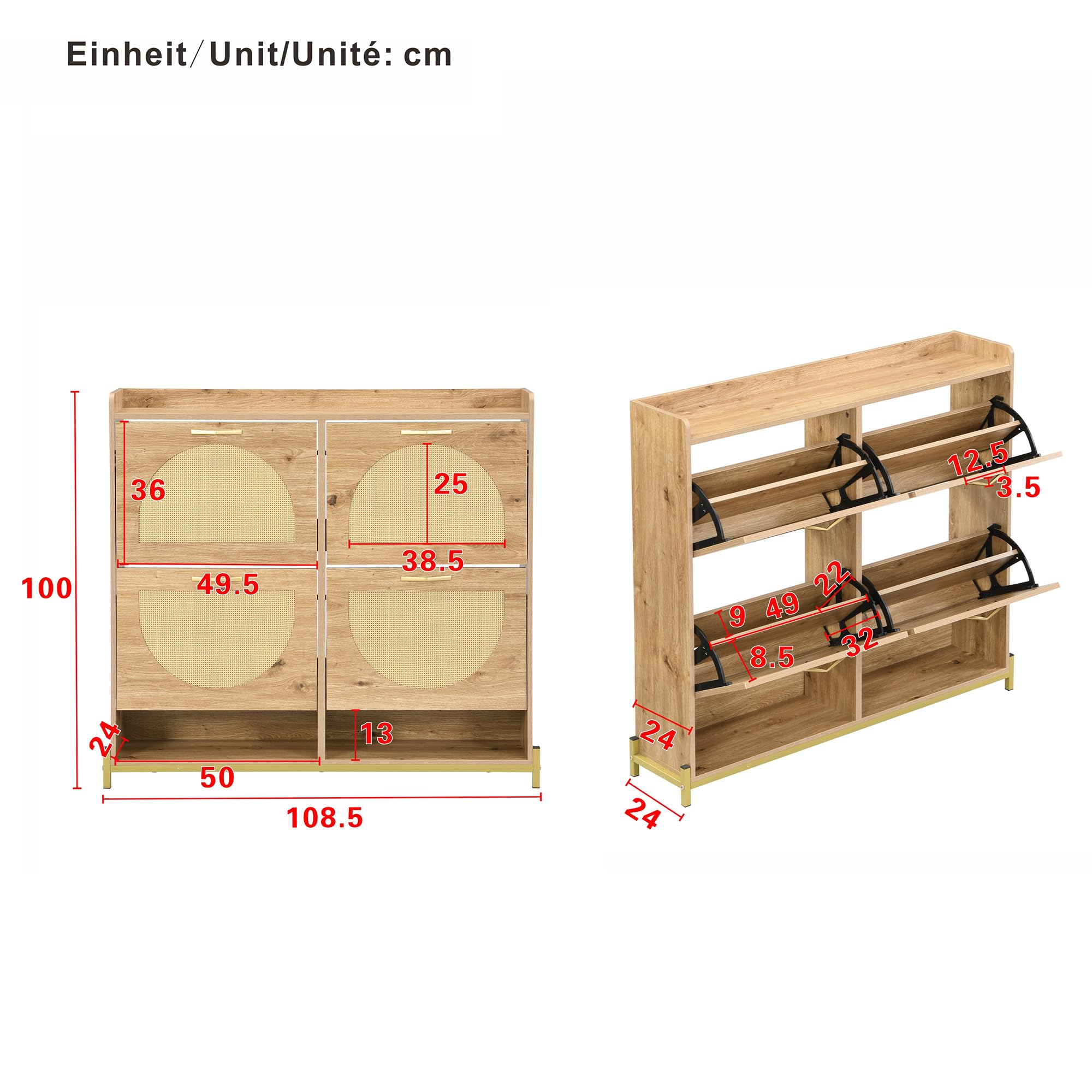 BTM Moderner Schuhschrank mit Rattantüren Schuh Schrank aus Holzl Schuhkipper, Metallrahmen, Sideboard Flurmöbel