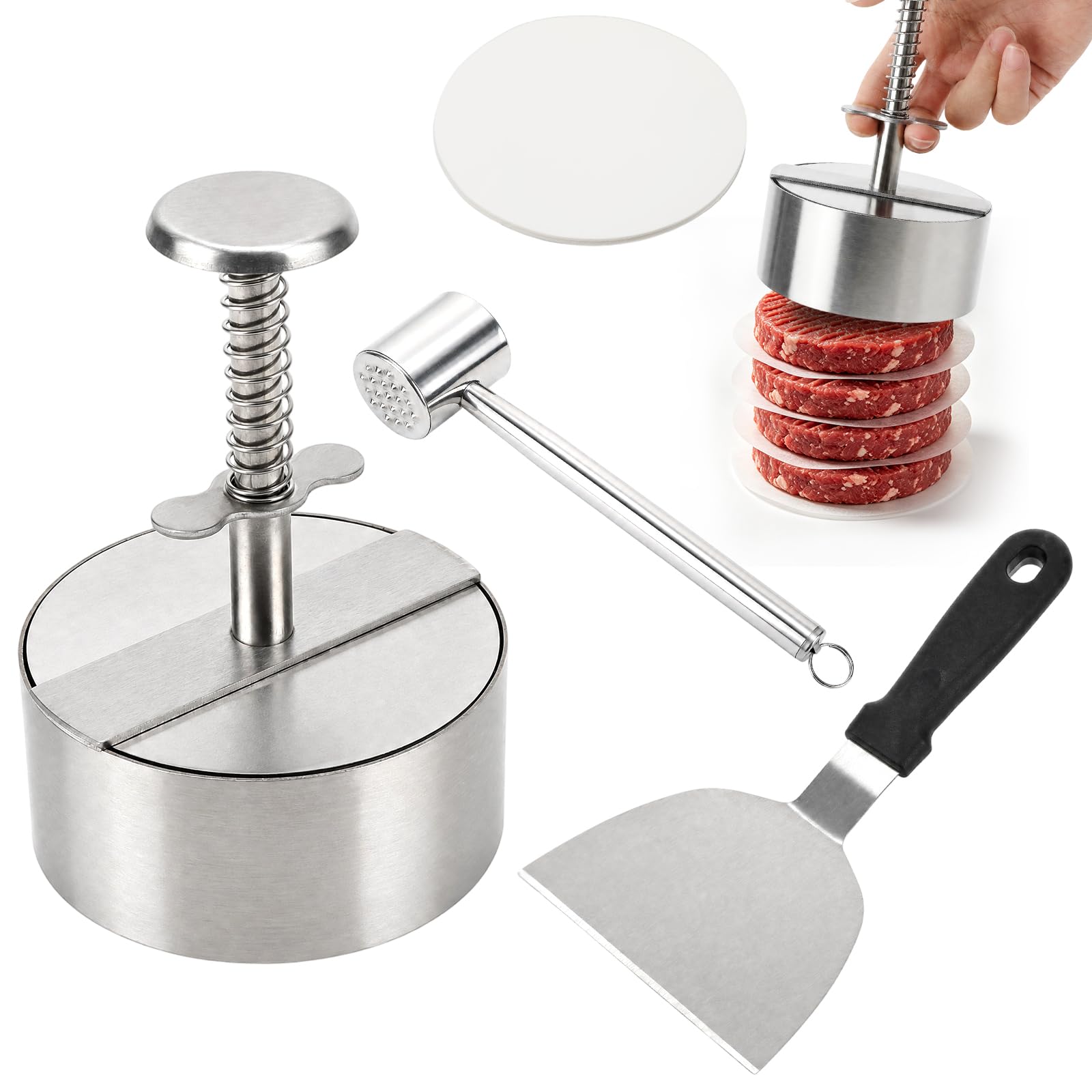 304 Stainless Steel Burger Press & Meat Tenderiser Set with Burger Spatula