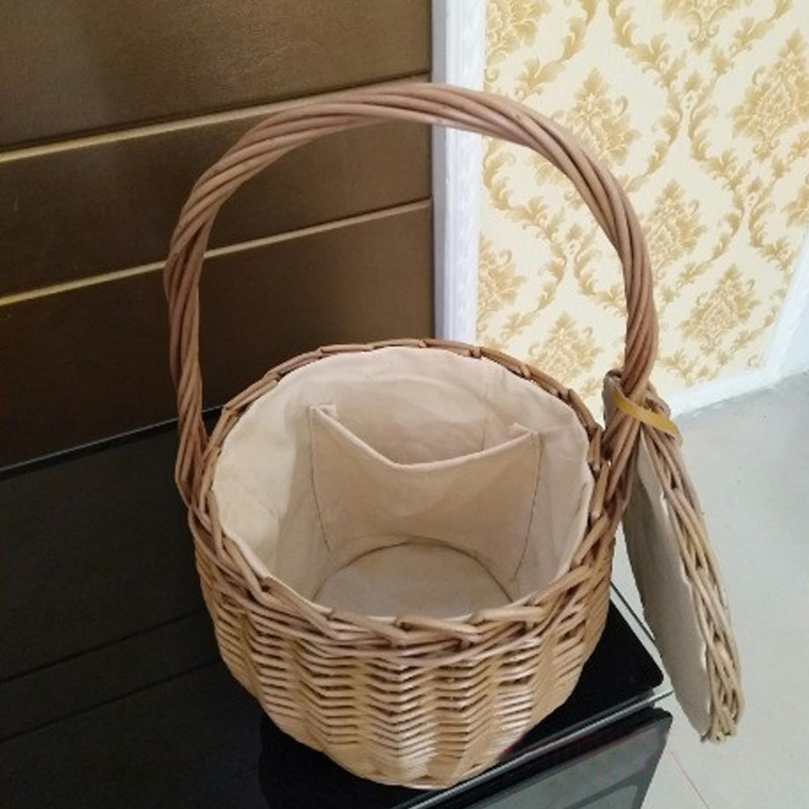 Cestino in Vimini con Manico e Coperchio, Cestino per la Raccolta Intrecciato a Mano con Fodera in Stoffa, Cestino Portaoggetti Portatile in Rattan, Cestino Multiuso in Rattan per la Spesa, Raccolta,
