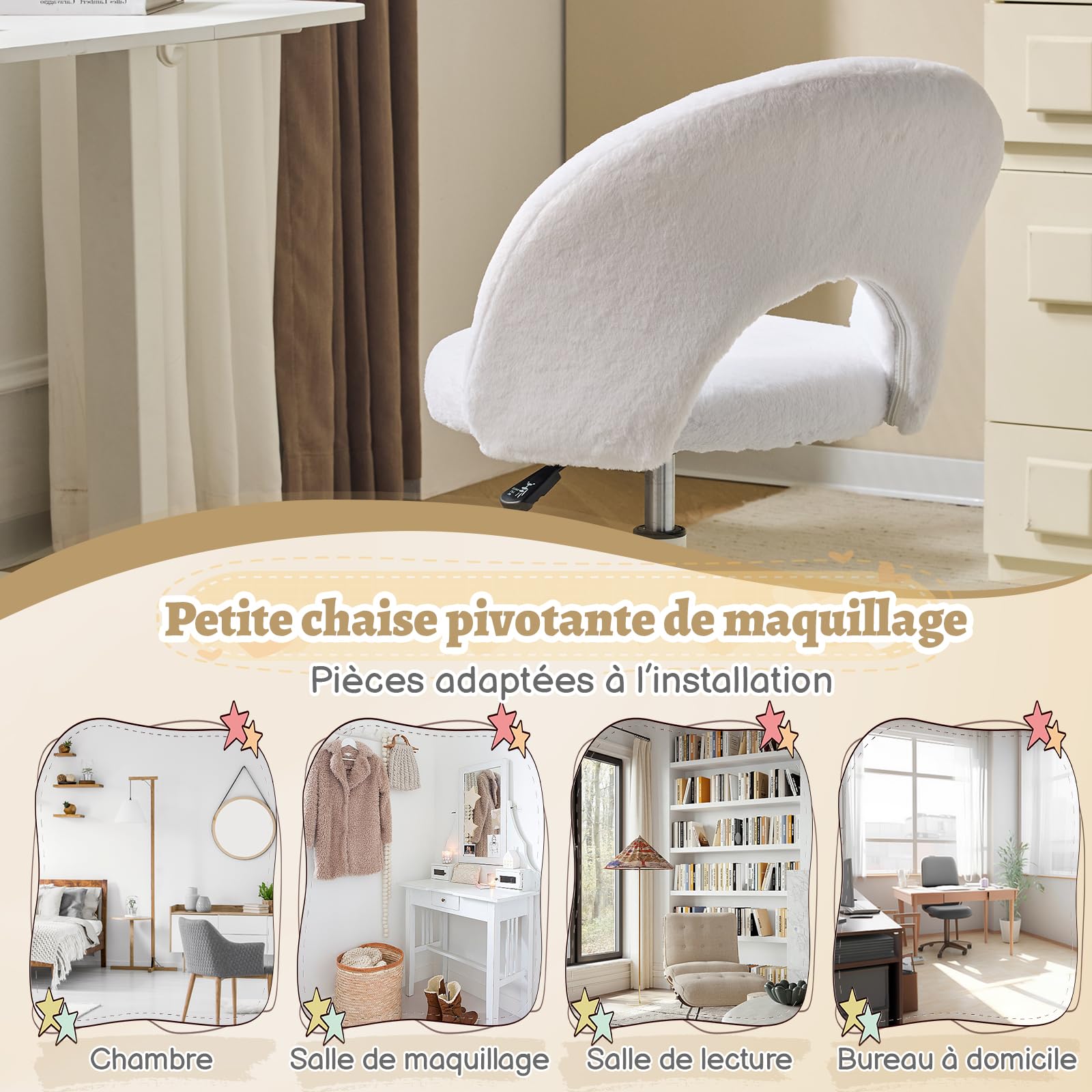 Bonnlo Chaise de Bureau Esthétique sans Accoudoirs, Petite Chaise Confortable, Fauteuil de Coiffeuse avec Support Lombaire, Chaise Pivotante pour Bureau, Chambre, en Fourrure de Lapin (Blanc)