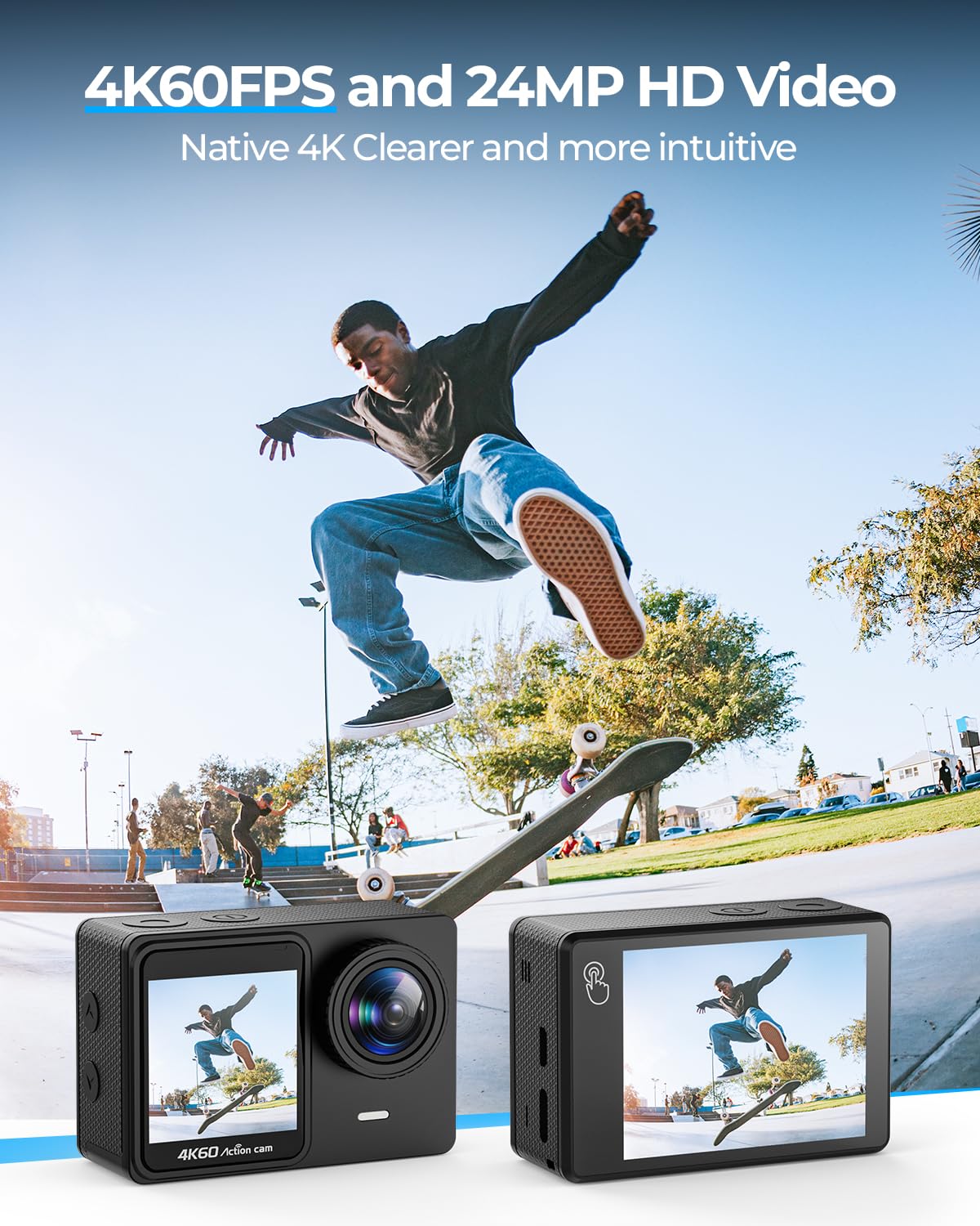 4K/60FPS Action Cam con 64GB SD Card, 8X Zoom 24MP Fotocamera Subacquea 131FT Fotocamere Impermeabili Sportive Cam con Telecomando 2 * 1350mAh Batterie Kit Accessori Casco