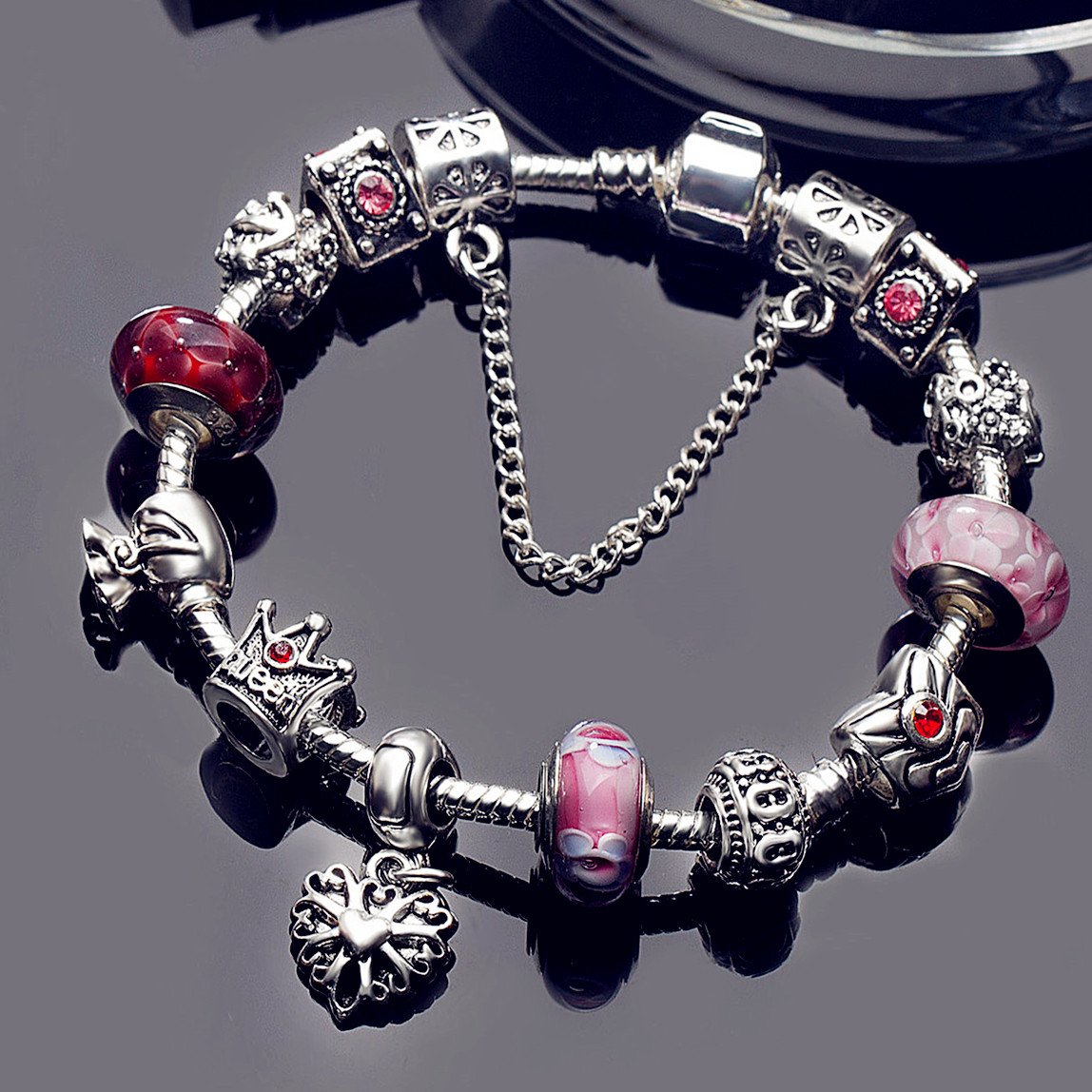 A TE® Bracciale Charms Fiore Vetro Catena Sicurezza Regalo 18cm/20cm#JW-B110