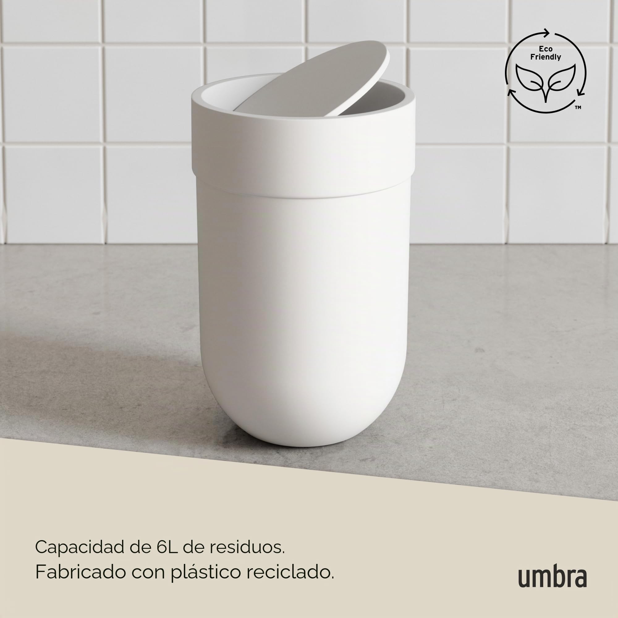 Umbra Touch Bote de basura con tapa para baño, con capacidad de 6 litros, Blanco