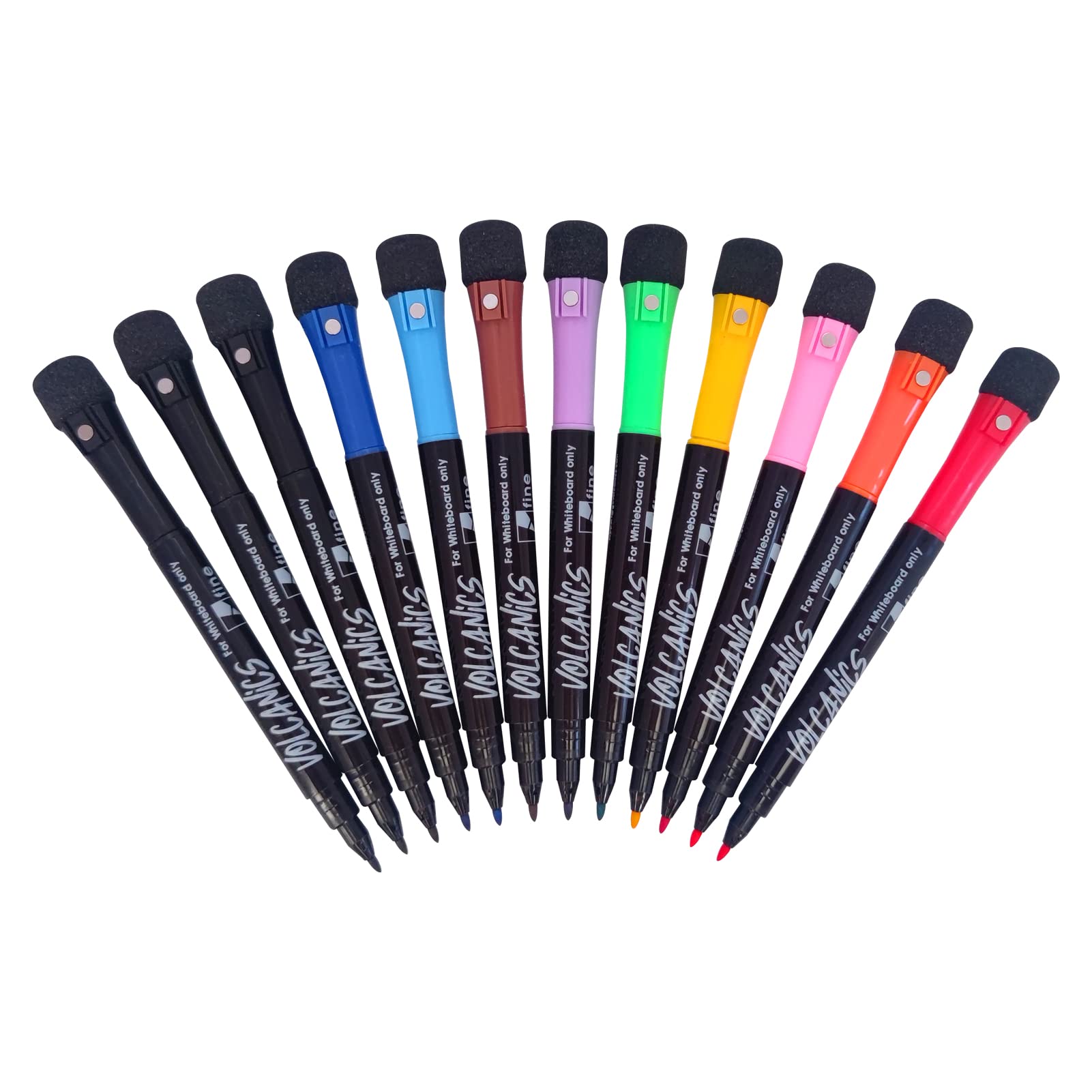Volcanics 12 Pack Magnetic Dry Wipe Pens Whiteboard Pens Markers with Eraser, Low Odor Fine Tip,10 Colors