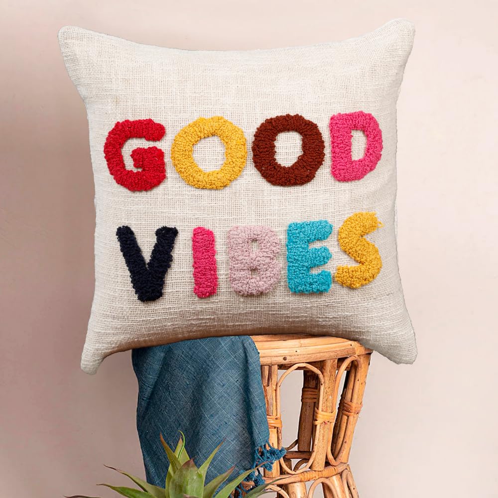 HOMADORN 100% Cotton Text Pattern Handtufted/Embroided Decorative Cushion Cover (16x16 Inches) (1, Good Vibes Multicolor)-image-10