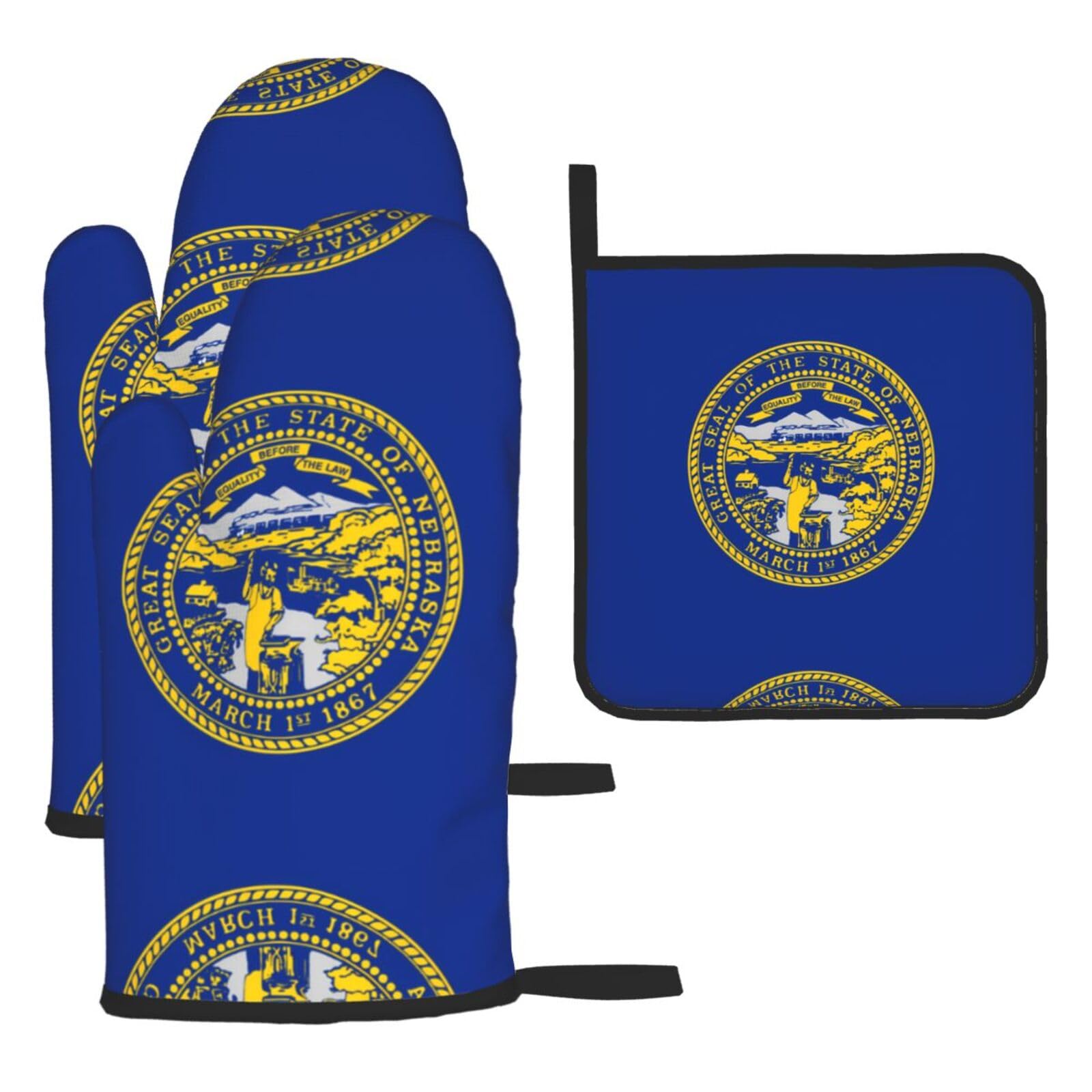 Nebraska Flag Oven mittens and oven mitts three-piece set suitable for oven, grilling, baking, microwave and home cooking.