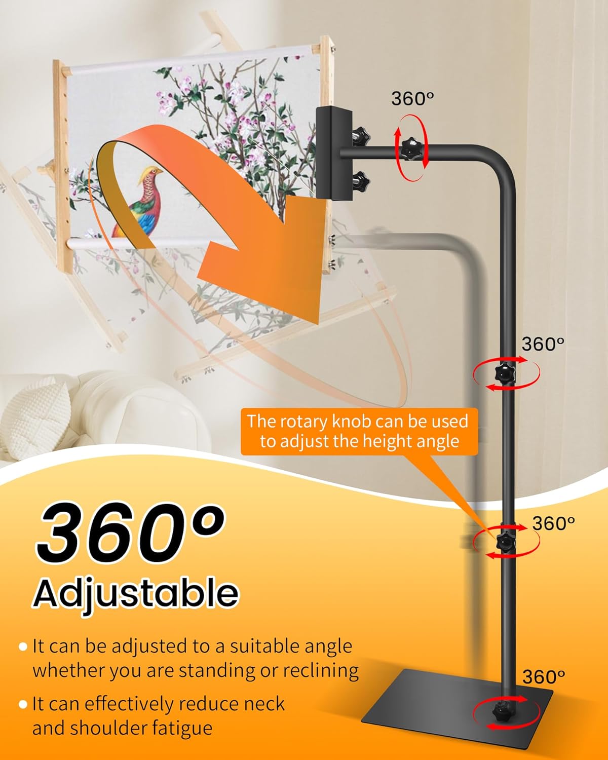 Work Stand Fit For Lowery with Side Clamp, 360° Adjustable Cross Stitch Stand, Rotating Needlepoint, Height Adjustable Fits Scroll Rods up to 20"" Wide. Fit for Art Craft Sewing Projects