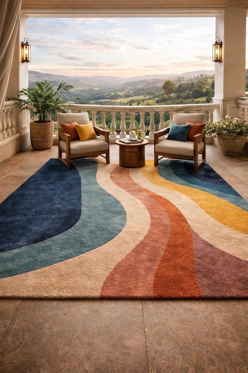 Modern Abstract Area Rug, Multicolor Wavy Stripes Pattern, Navy Blue Coral Yellow Teal, Contemporary Home Decor (5 * 5 Round)