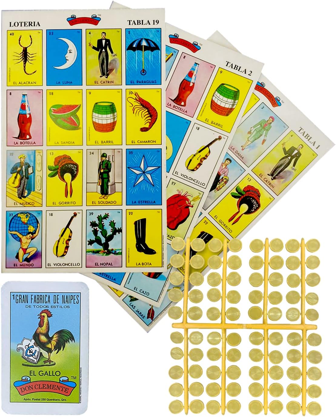 Loteria Mexicana Tradicional Mini Don Clemente 20 Jugadores 160 Fichas - Mexican Bingo Medium Board Game Set 160 Counting Plastic Chips for 20 Players with Deck of 54 Cards and 20 Boards