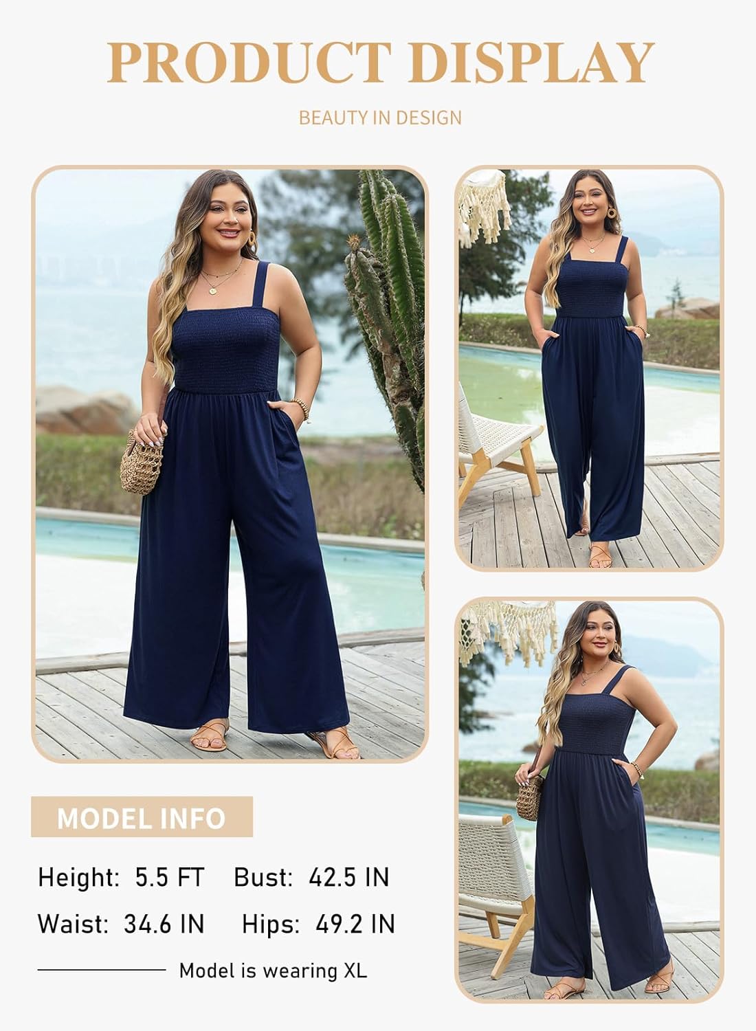 Eytino Plus Size Jumpsuit for Women Spaghetti Strap Sleeveless Overalls Stretchy Wide Leg Pants Long Rompers with Pockets - Image 3