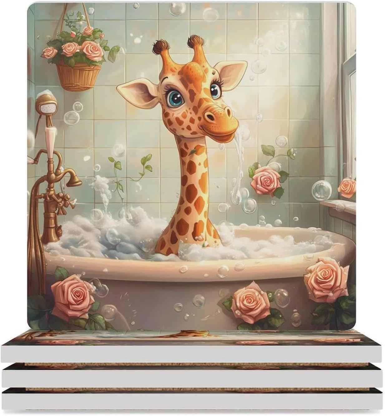 Funny Bathroom Giraffe Coasters for Drinks Square Ceramic Coasters Cup Mats with Cork Base