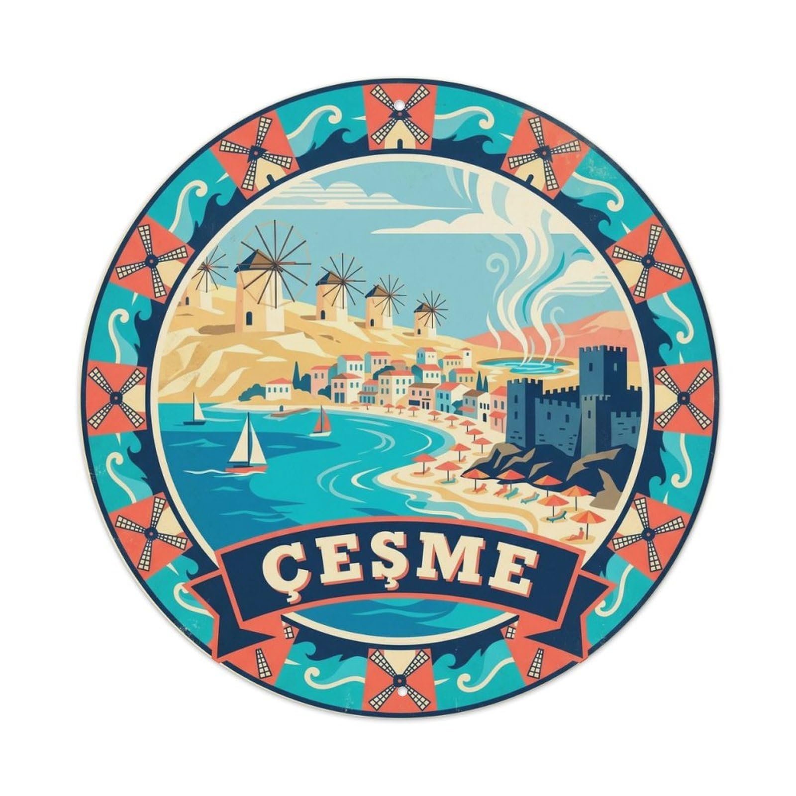 Cesme Windmill Anatolian Travel Heritage Graphic Metal Tin Sign