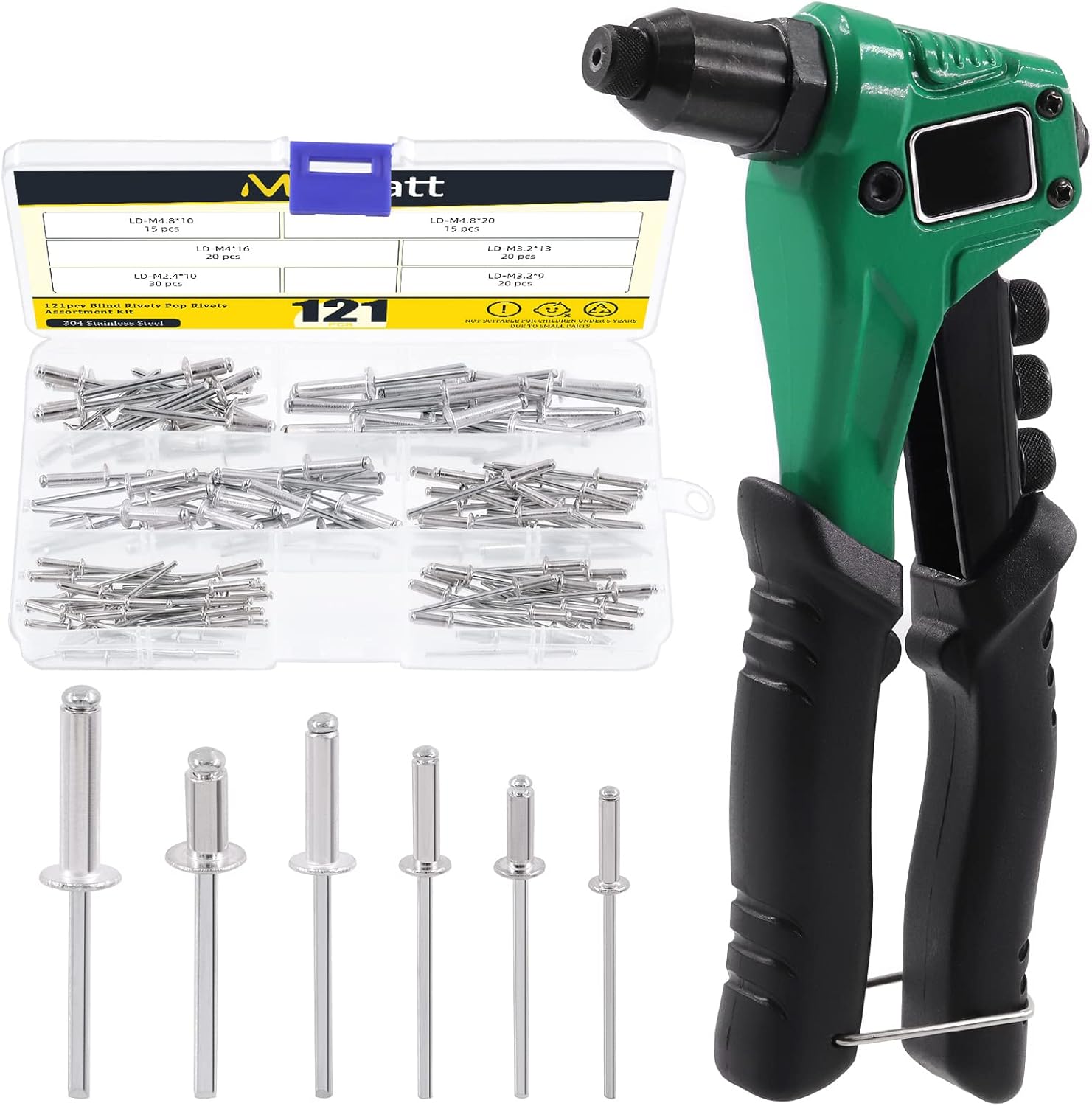 121Pcs 8 Inch Rivet Gun with 120Pcs Blind Rivets, M2.4 M3.2 M4 M4.8 Aluminum Manual Pop Rivets Tool Heavy Duty Riveter Tool for Automotive Metal Sheets Repair