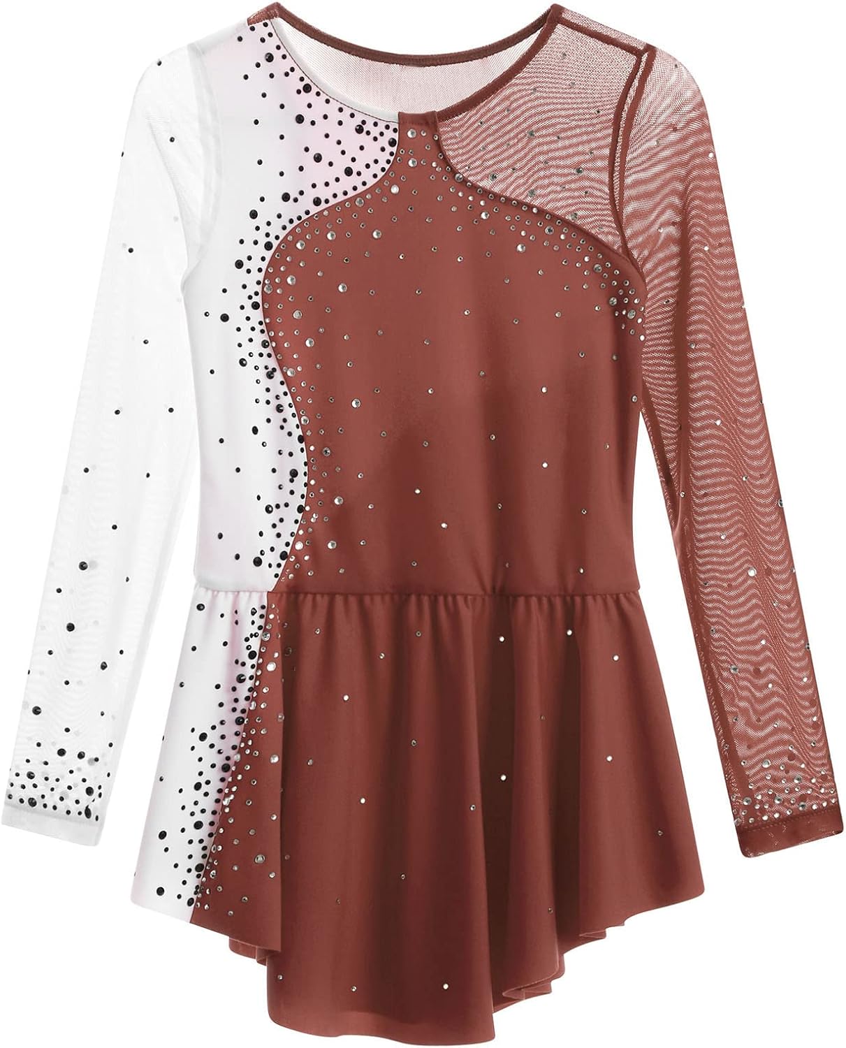 Kids Girls Long Sleeve Mesh Splice Shiny Ice Skating Dress Sequined Ballet Dance Leotards Performance Costume